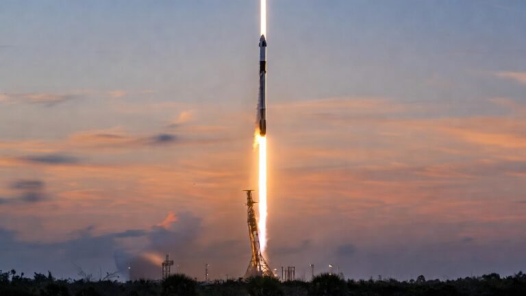 SpaceX Falcon 9 rocket launching at dawn from Cape Canaveral Space Force Station